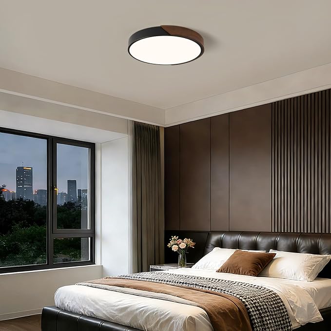 Modern LED Ceiling Light, Dark Walnut Wood Minimalist Flush Mount Ceiling Light Fixture, Dimmable Circle Lighting Lamp with Acrylic Lampshade for Bedroom Hallway Kitchen 15.8"