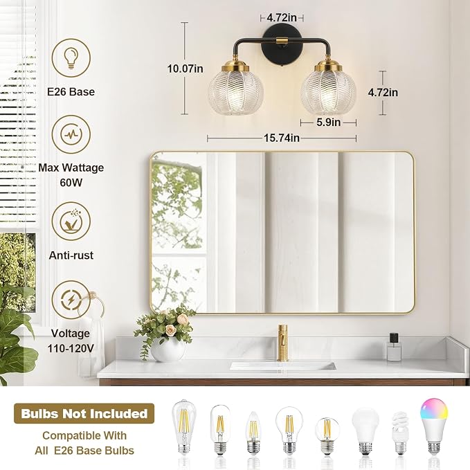 MOKATNG Bathroom Light Fixtures, 2-Light Clear Vanity Lights with Unique Leaf Texture Glass Shade, Modern Matte Black and Gold Bathroom Wall Lamp for Mirror Hallway Cabinet Living Room