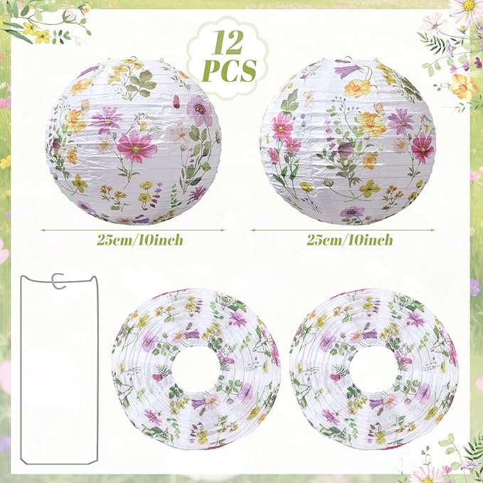 12 Pcs Floral Paper Lanterns Tea Party Decorations Flower Wildflower Spring Birthday Party Decoration Flower 10 Inch Hanging Round Paper Lanterns for Wedding Bridal Shower Baby Shower Decor