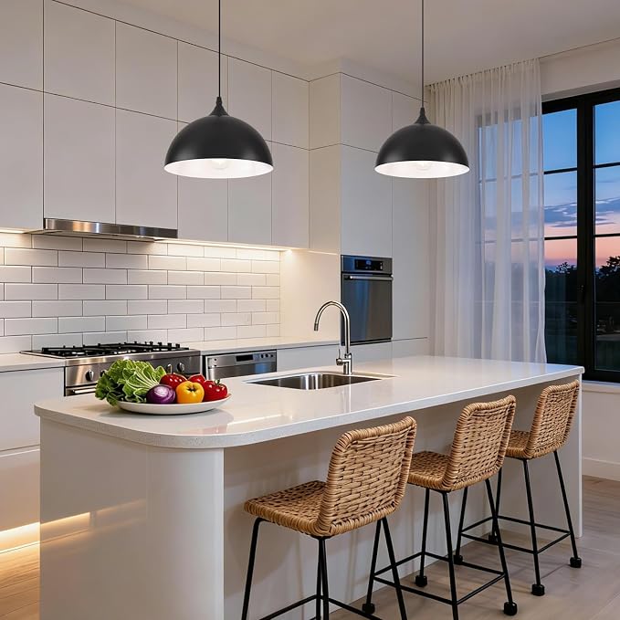 Farmhouse Pendant Lights Kitchen Island, 11.8 inches Black and White Pendant Light Fixtures, Black Dome Pendant Light, Modern Pendant Lights for Kitchen Island Dining Room Bedroom, 1 Pack