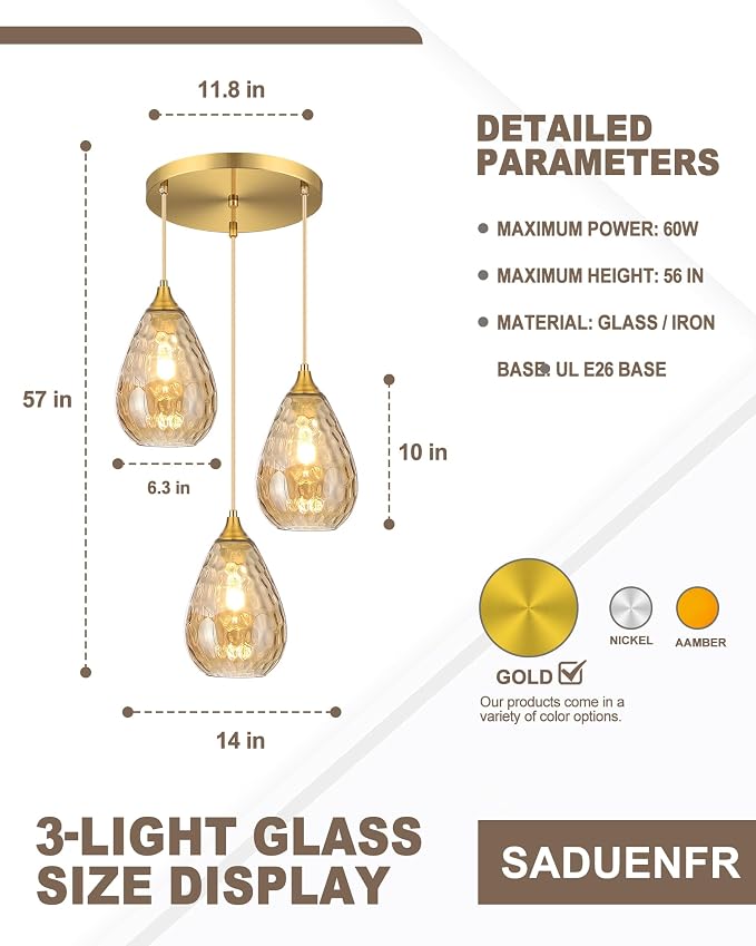 3-Light Pendant Lighting Dining Room Lights Fixture Over Table | Amber Hammered Glass, Brushed Gold, Farmhouse, Hardwired, E26, Cluster Hanging Lights for Kitchen Island, Dining Room