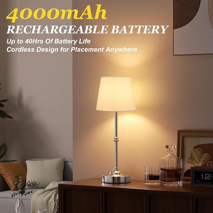 Kakanuo Rechargeable Cordless Table Lamp Silver - 1 Pack 4000mAh Battery Operated Lamp, 3000K Warm Light, Touch Control Stepless Dimming, for Bedside, Dining Table, Home Decor