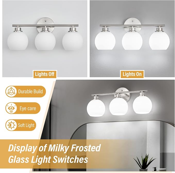 Brushed Nickel Bathroom Light Fixtures, 3-Light Vanity Light Over Mirror | Modern Bathroom Lighting Over Mirror, Wall Sconces, Milky White Globe Glass Shades, E26 Socket,ETL Listed