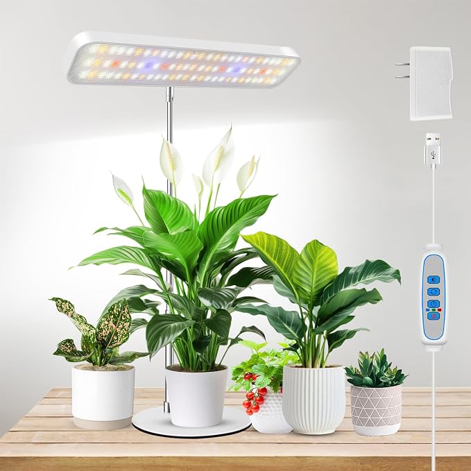 Aumtrly Plant Lights for Indoor Growing, 26 Inch White Grow Light with Base | 6/12/16H Auto Timer, 5 Brightness Levels, Full Spectrum LED for Seedlings & Plants, PC Cover, Adjustable Angle and Height