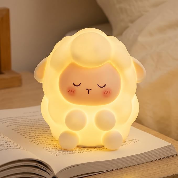 Cute Sleepy Sheep Silicone Night Light, Rechargeable Touch Control LED Lamp, 3 Level Dimmable Warm White Squishy Nursery Nightlight, Baby Kids Bedroom Bedside Decor Gift Lamp