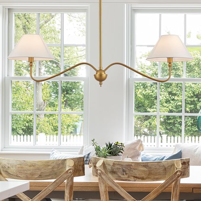 Modern Gold Linear Chandelier for Kitchen Island, 2-Light Linear Light Fixture with Off-White Fabric Shade, Rustic Pendant Light for Dining Room