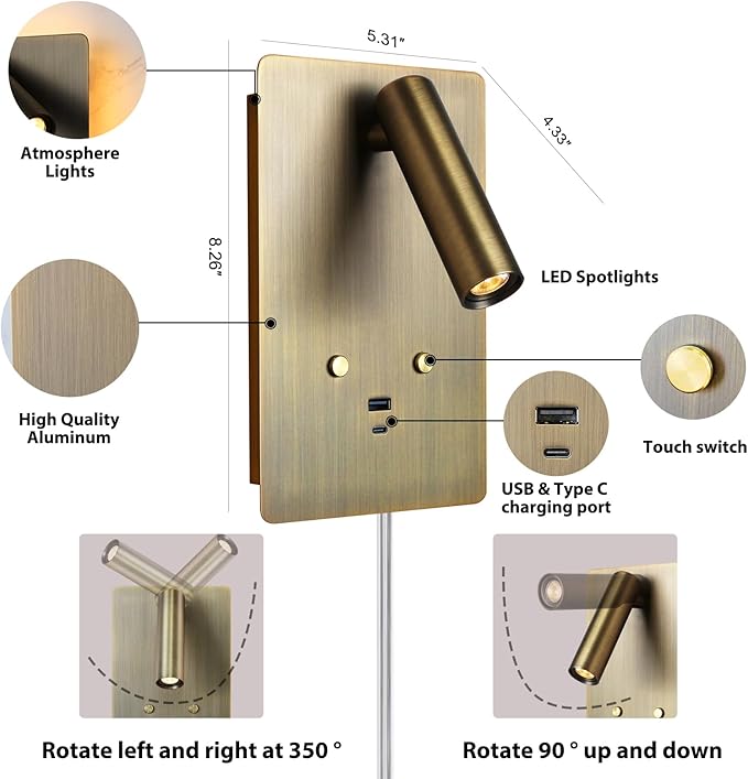 ZEROUNO Wall Mounted Reading Light Set of 2,Dimmable Adjustable Headboard Plug in Wall Sconce with USB A+C Ports,Touch Control Wall Light for Bedroom Bedside Lamps