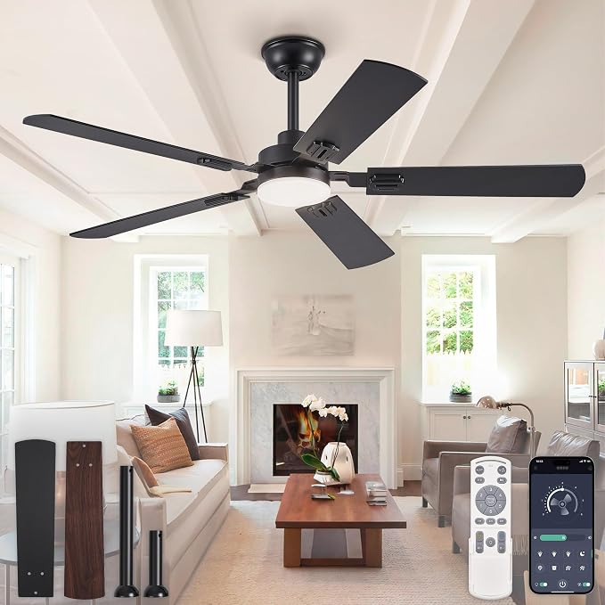 ZMISHIBO 52" Ceiling Fans with Lights and Remote, Black Modern for Indoor | 24W 2400LM Bright LED, 3CCT, Dimmable, App Control, Farmhouse Dual Finish Blades, Quiet&Strong Motor for Bedroom, Living Room