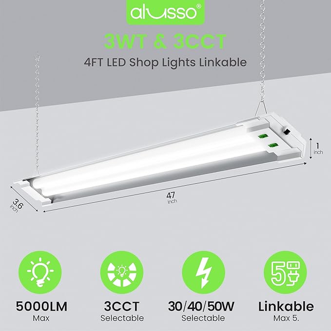 ALUSSO® LED Shop Lights 4FT with Reflector, 5000LM Super Bright, Adjustable 3000K-5000K Color Temperature, 120V, Warm to Cool Daylight Linkable Shop Lights for Workshop/Basement, 2 Pack