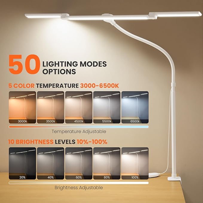 LED Desk Lamp for Office Home, Adjustable 3 Head Desk Light with Adapter | Computer Monitor Light with Clamp, Eye Caring Dimmable, Auto-off Timer Architect Desk Lamp for Reading Study Workbench White