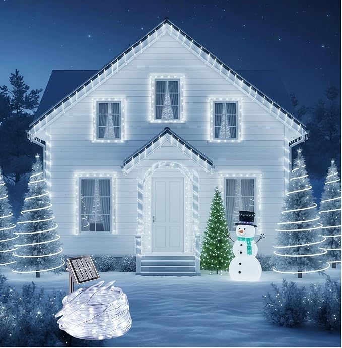 Solar Rope Lights, 33FT 100LED String Lights Outdoor, 8 Lighting Modes Solar Powered Rope Lights for New Year Easter Party Holiday Tree Decoration, White