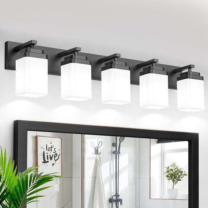 Matte Black Bathroom Light Fixtures, 5 Lights Bathroom Lighting Fixtures Over Mirror, Square Design & Rectangle Large Backplate, Modern Vanity Lighting Fixtures, for Living Room/Bedroom