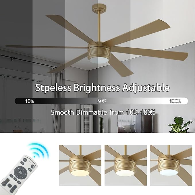SHOWDI Ceiling Fan with Lights and Remote, 6 Blade App Control Timer Reversible Stepless Brightness and Color Temperature Outdoor Wood Ceiling Fan with Lights (Gold, 72 Inch)