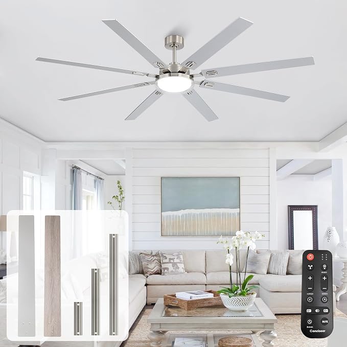 80 Inch Ceiling Fans with Lights and Remote,Living Room Office Library Cafe Outdoor, 5CCT Dimmable, Dual Color 8 Blades, 6 Speed Reversible Quiet DC Motor, Dual-Layer Shade, Sand-nickel/Wood Grain