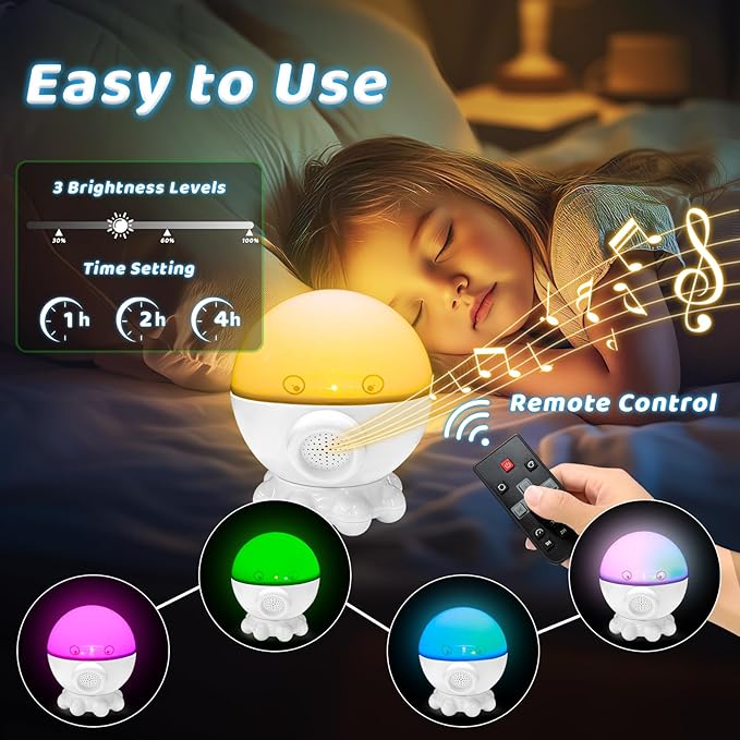 Cute Octopus Night Light Projector,17 Light Modes Ocean Star Projector with 360° Rotation, 3 Projection Films and 9 Lullaby Songs,Night Lamp with Remote and Timer, Gifts for Family and Friends (White)