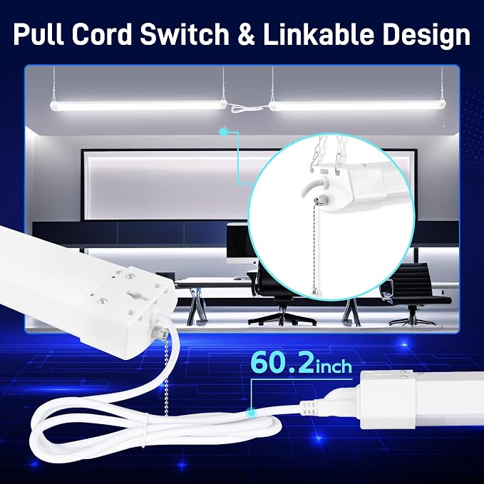 hykolity 4FT LED Shop Light Linkable,8000LM(300w Equivalent), 5000K | 70W Utility Shop Lights for Garages, Workshops, Basements, Hanging or FlushMount, with Power Cord and Pull Chain, ETL, 4 Pack