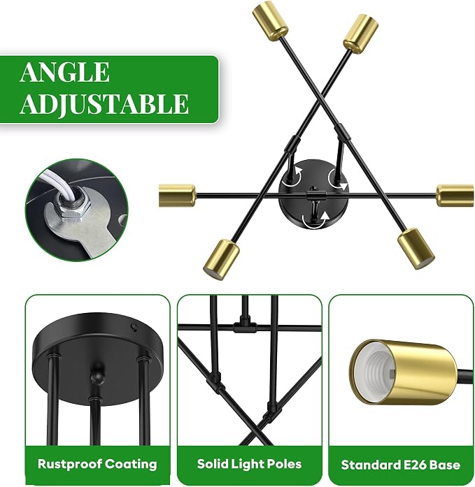 Modern Sputnik Chandelier Ceiling Light Fixtures, 6-Lights 22” Mid Century Industrial Metal Semi Flush Mount for Dining Room, Bedroom, Living Room-Black and Gold