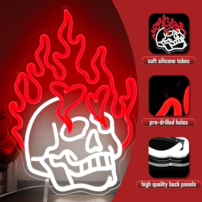 Skull Neon Signs for Bedroom Dimmable Neon Halloween Sign Skull Fire Neon Signs Skeleton Head Wall Decor Skull Led Neon Light Sign for Man Cave Beer Bar Club Game Room Halloween Party Decor Gifts