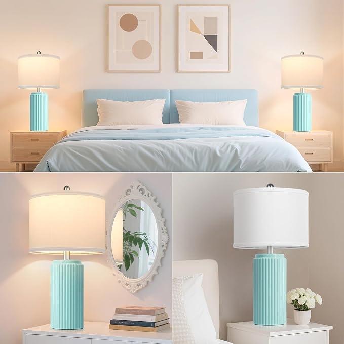 23.5" Light Green Modern Ceramic Table Lamps Set of 2 for Bedside | Nightstand Lamps with White Linen Shade, Ideal Size, Farmhouse Home Decor for Living Room Bedroom Office End Table Dorm