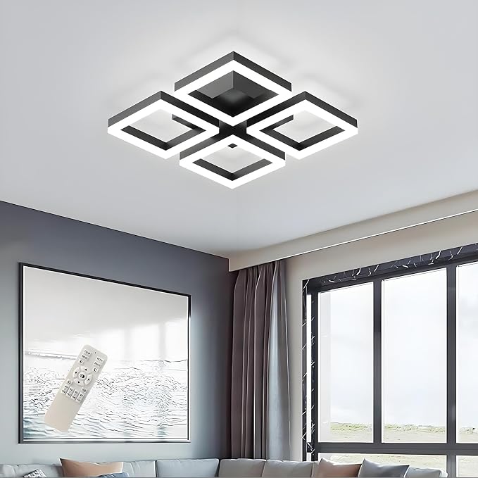 GEADI Modern Black LED Ceiling Light, 17.7" Dimmable Flush Mount Fixture | 52W 4-Square Geometric Ceiling Lamp with Remote, 3000K-6500K Dimming, Low Profile for Bedroom, Kitchen, Living Room
