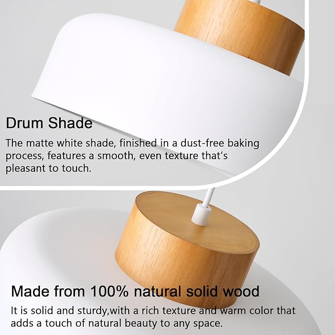 Modern Pendant Light,12.6 inch,Real Wood Cap,Small Pendant Lighting for Kitchen Island,Dining Room,Matte White