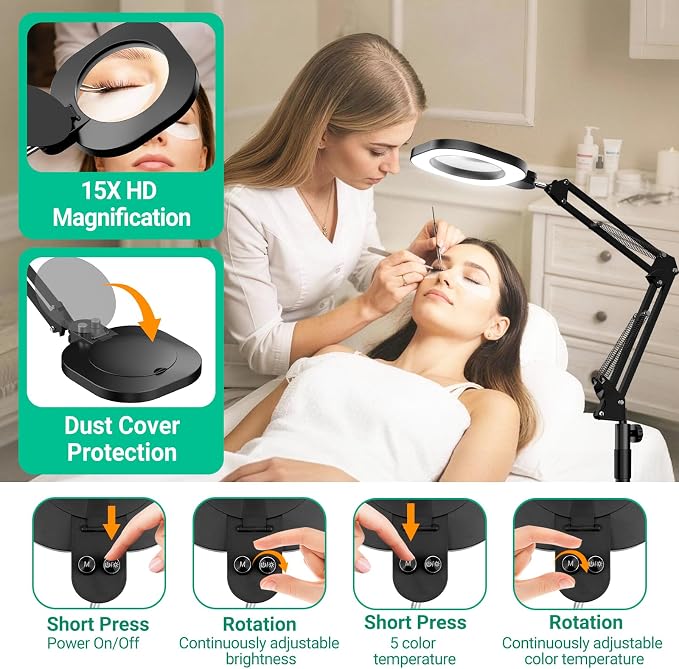15X Real Glass Magnifying Lamp, 3-in-1 LED Desk Lamp with Base Clamp & Floor Stand, 5 Color Modes Stepless Dimmable, Adjustable Swing Arm, for Repair, Reading,Crafts,Painting