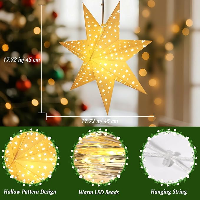 Lewondr Christmas Paper Star Lantern 3 Pack, Hanging 7-Pointed Star Lights with Hollowed Stars, LED Paper Lanterns with 6H Timer for Holiday Home Decoration, with Remote Control, Warm Light