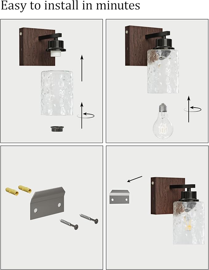 Hammered Glass Battery Operated Wall Sconces Set of Two Black & Walnut | Dimmable Rechargeable Wall Lights with Remote Timer, Easy Install Lamp for Living Room Bedroom, Emergency 3000K