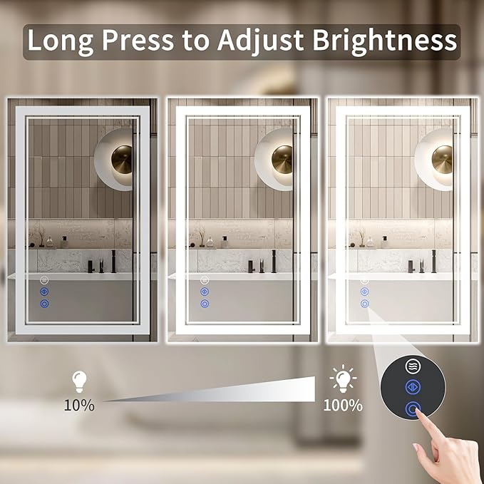 22"x30" LED Bathroom Mirror with Lights, Anti-Fog, Backlit + Front Lit, Dimmable, Led Vanity Mirror for Wall, Lighted Bathroom Mirror, 3 Colors, Shatter-Proof Tempered Glass