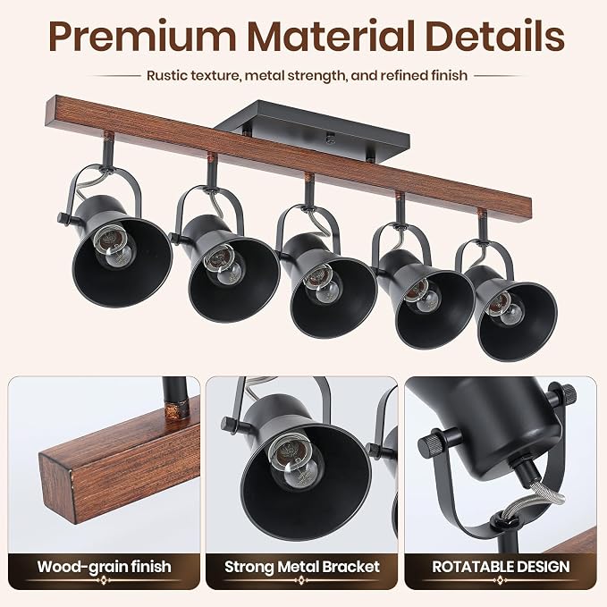 5-Light Track Lighting Fixture Ceiling, Industrial Black Semi Flush Mount Ceiling Light with Rotatable Spotlights, Farmhouse Wood Grain Metal Kitchen Lighting for Living Room Dining Room Hallway