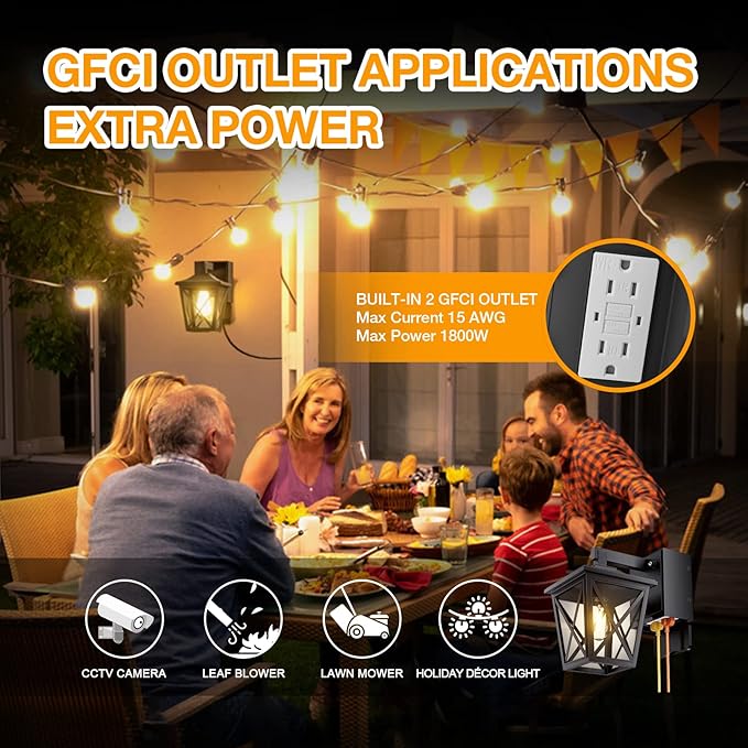 Ehaho Porch Light with Outlet, Dusk to Dawn Outdoor Light with Outlet Built-in, Waterproof Anti-Rust Lantern Outside Lights with GFCI Outlet, Wall Sconce Light for Front Door (Black 2 PCS)