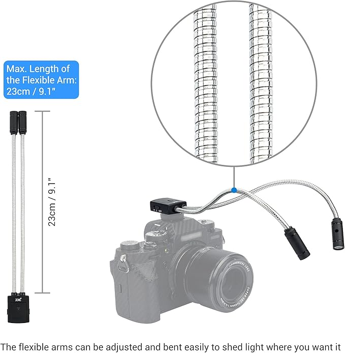 JJC 10 Inch Long Portable Shoe-Mount LED Macro Arm Light, CRI 95+ 5600K, 5 Level Adjustable, Flexible Fill Lights, USB-C, White