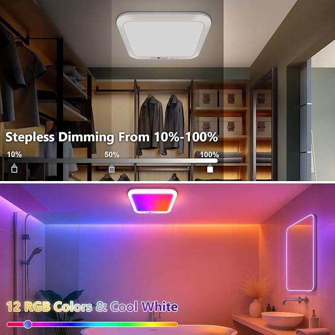 Rechargeable Motion Sensor Ceiling Light, Battery Closet Light 12 RGB Color | 8000mAh Wireless Battery Powered Shower Light Magnetic Mount, LED Cordless Stick On Overhead Ceiling Light for Pantry Hallway