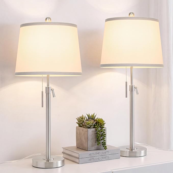 Brushed Nickel Modern Table Lamps Set of 2 Adjustable Height 22" to 30" Silver Nightstand with White Linen Shade 3 Brightness Way Pull Chain Switch Bedside Lamps for Living Room Office(Bulbs Included)