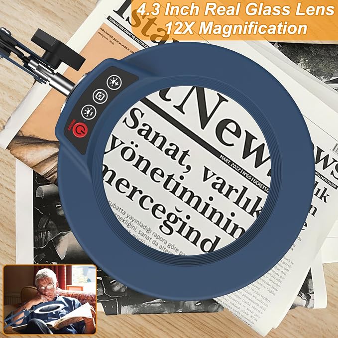 12X Large Magnifying Glass with Light and Clamp, Real Glass, 5 Color Modes, Stepless Dimmable, 2 x 16 Inch Adjustable Swing Arm Stand Desk Lamp, LED Lighted Magnifier Hands Free for Close Work - Blue