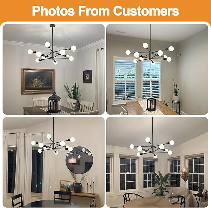 Sputnik Chandeliers Dining Room Light Fixture (10-Light, 32-Inch), Modern Black Chandelier, Height Adjustable Mid Century Modern Chandeliers for Dining Room Kitchen Island (Bulbs Not Included)