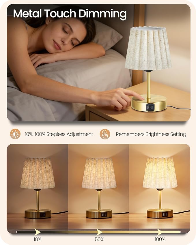 Small Bedside Table Lamp, Touch Dimmable Table Lamp with USB Ports, Nightstand Lamp with a Stepless Dimming LED Bulb, E26 Base, for Bedroom, Study, Desk, Gold and Beige DE16TL05