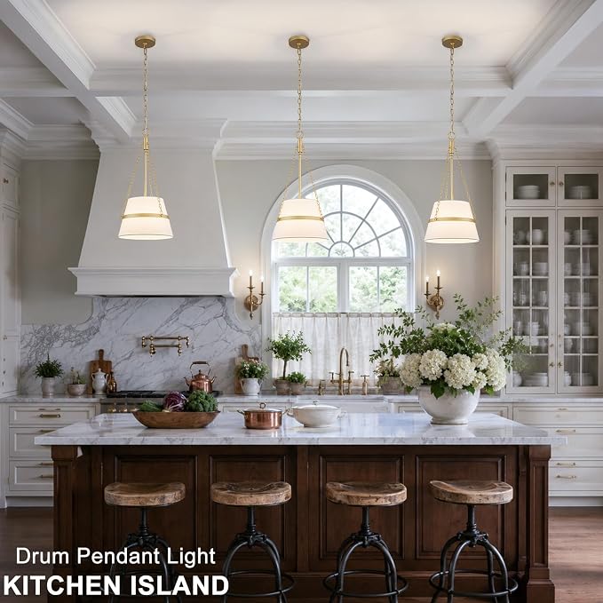 11.4" Gold Drum Pendant Light for Kitchen Island, White Linen Fabric Shade | Modern Transitional, Cone Shape, 3 Side Chains, 1-Light, Breakfast Nook, Reading Corner, Adjustable Height 11.42"W x 23.82"H