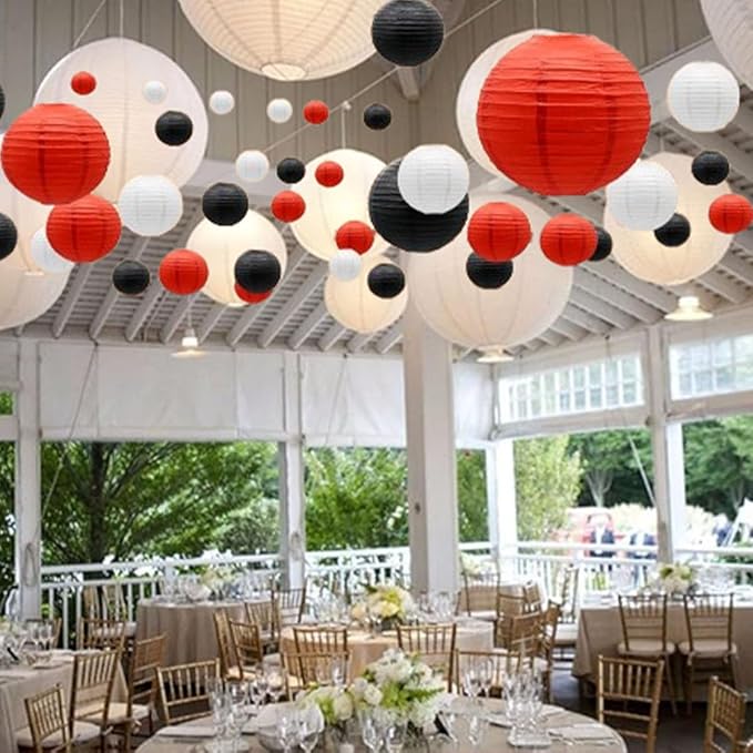 Paper Lanterns Decorative, Hanging chinese lanterns Indoor Outdoor for Birthday, Wedding, Christmas, Bridal, Home Decor, ceiling decorations Black/Red/White 12pcs(Size of 4”, 6”, 8”, 10”)