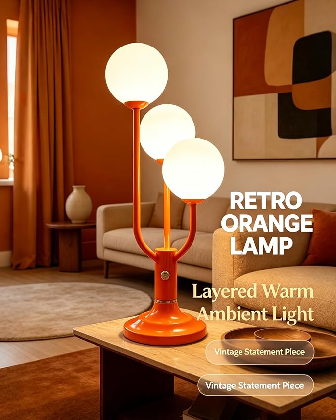 Orange Table Lamp Dimmable Vintage Globe Lamp G9 3 Bulbs Included | Mid Century Modern Desk Lamp Night Light Warmwhite Ambient Nightstand Bedside Lamp for Living Room Bedroom Home Decor Gift