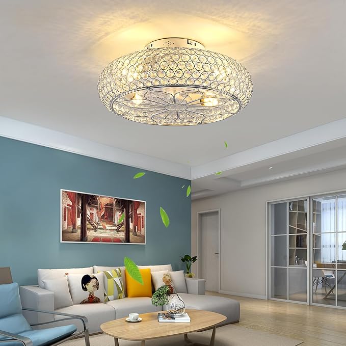 20" Crystal Ceiling Fan with Lights - Enclosed Bladeless Design, Reversible DC Motor & Remote, 6-Speed Quiet, Flush Mount Low Profile Electroplated Mirror Finish, for Bedroom/Living Room