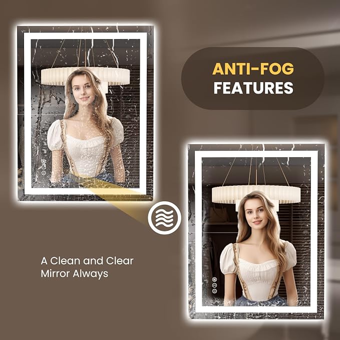 LOAAO 27.6"x35.4" LED Bathroom Mirror with Lights | Anti-Fog, Dimmable, 3 Color Temperature, Backlit + Front Lit, Memory Function, Tempered Glass, UL Listed