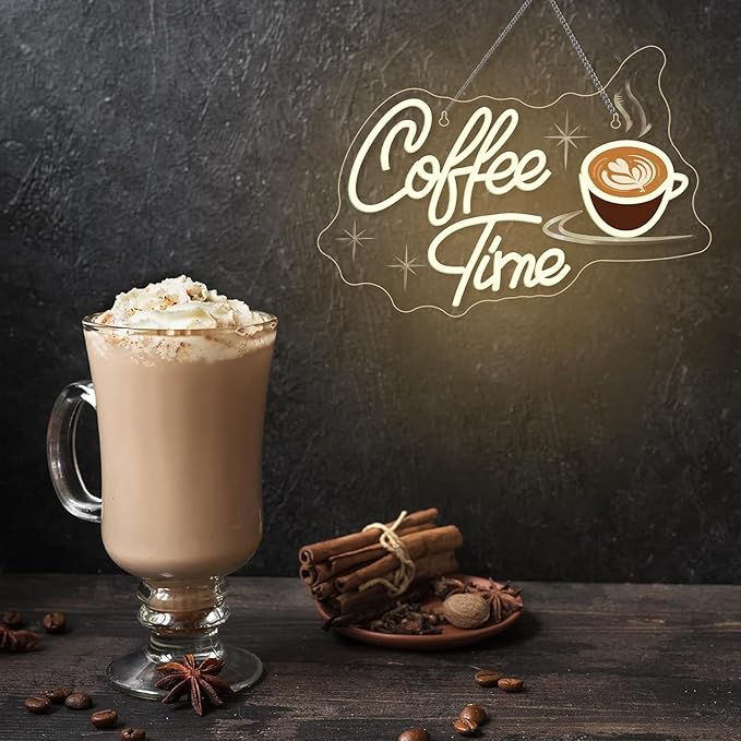 Coffee Time Neon Sign Latte Art Neon Lights Neon Bar Signs for Wall Decor LED for Cafés, Kitchens & Breakfast Bars Light Signs Retro Diner Lighting