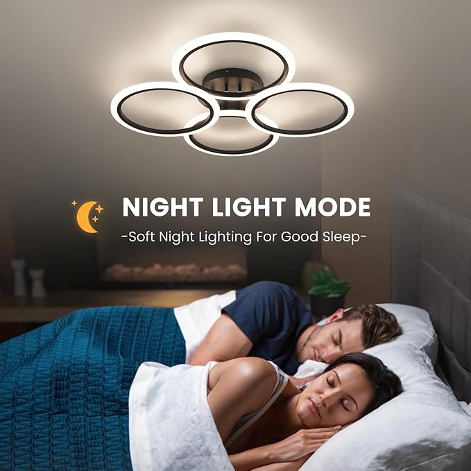 Modern LED Ceiling Lights Fixture Black Dimmable Acrylic 4 Rings Ceiling Lights Remote Control Dimmable Flush Mount Ceiling Lamp for Dining Room, Kitchen, Bedroom, Office(28.74inch)