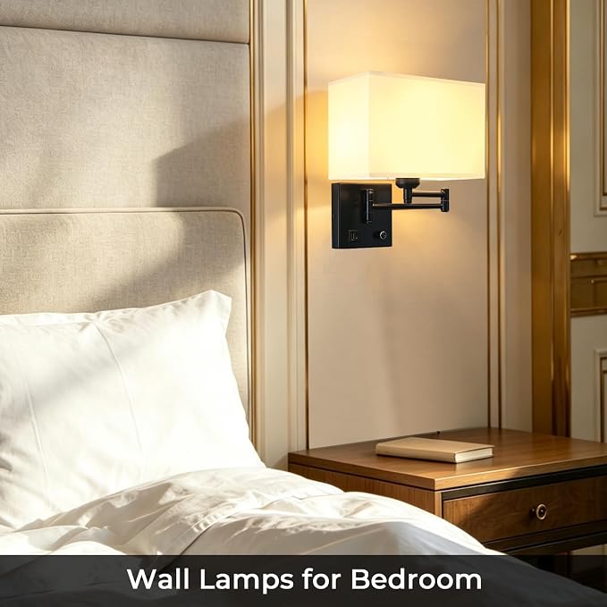 Plug in Wall Lamp for Living Room Bedroom Bedside, Bulb Included | Wall Sconce with USB C+A Charging Ports, Adjustable Swing Arm 270°, Adjustable Color Temperature, White Square Lampshade