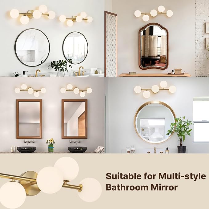 27" Mid Century Modern Globe Brushed Gold LED Bathroom Vanity Light | Mid Century Modern Design, Brushed Gold Finish, Soft Milk White Glass Globes, Integrated Energy-Efficient LED, Over Mirror