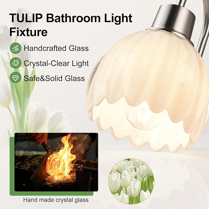 Bathroom Light Fixtures, 3-Light Brushed Nickel Bathroom Vanity Light Over Mirror with White Tulip Glass Shades, Vanity Light Fixture for Bedroom, Living Room & Hallway (Bulbs Not Included)