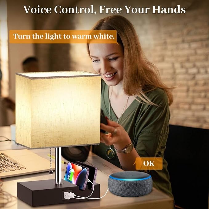 Smart RGB Dimmable Table Lamp Work with Alexa&APP&Remote Control, Beige | Bedside Desk Lamp with Charging Ports&Outlet&Phone Stand, Music Sync Nightstand Lamp for Bedroom Living Room Office Dorm