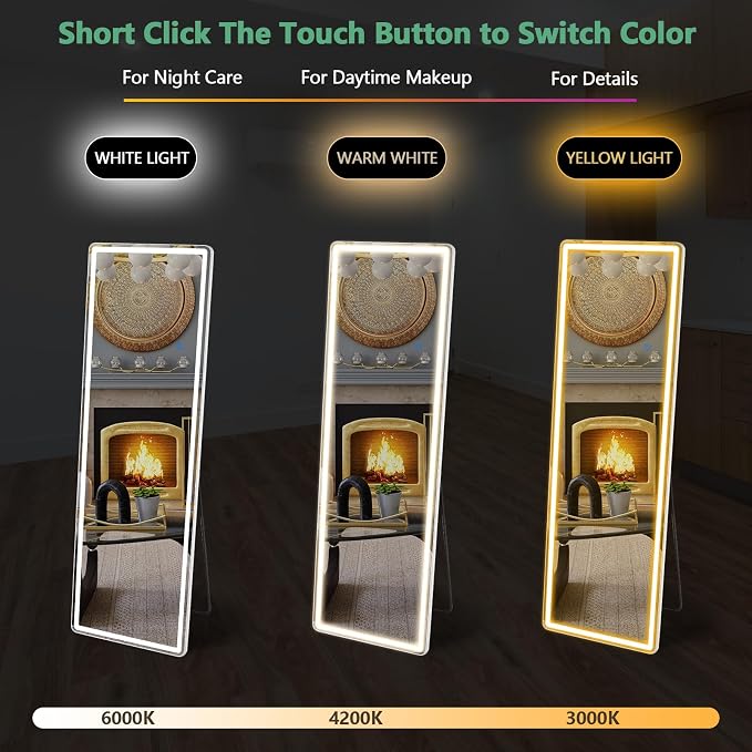 64x21 Lighted Full Body Mirror, Wall Mounted Mirror with 3 Color Lights | Floor Body Mirror with Stand, Hanging Mounted Design with Dimming for Dressing Room, Bedroom, Cloakroom and Daily Checks