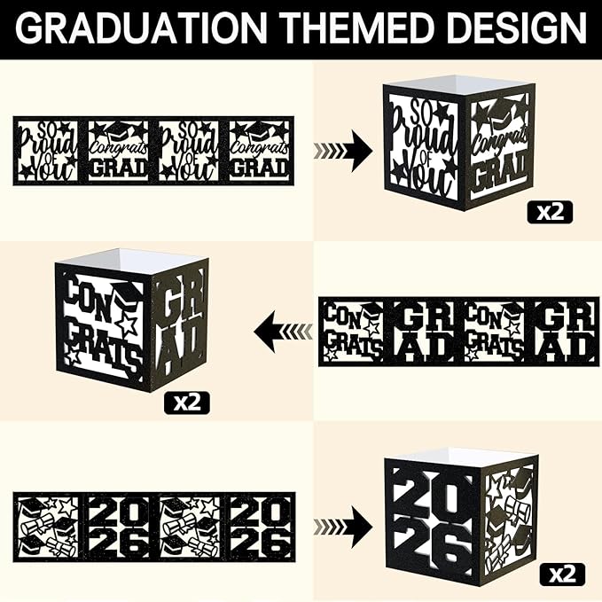 6 Pcs Graduation Table Centerpieces Boxes Class of 2026 Black Square Graduation Paper Lanterns with String Lights Hollow Out for Congrats Grad School College Table Decorations Grad Party Photo Props